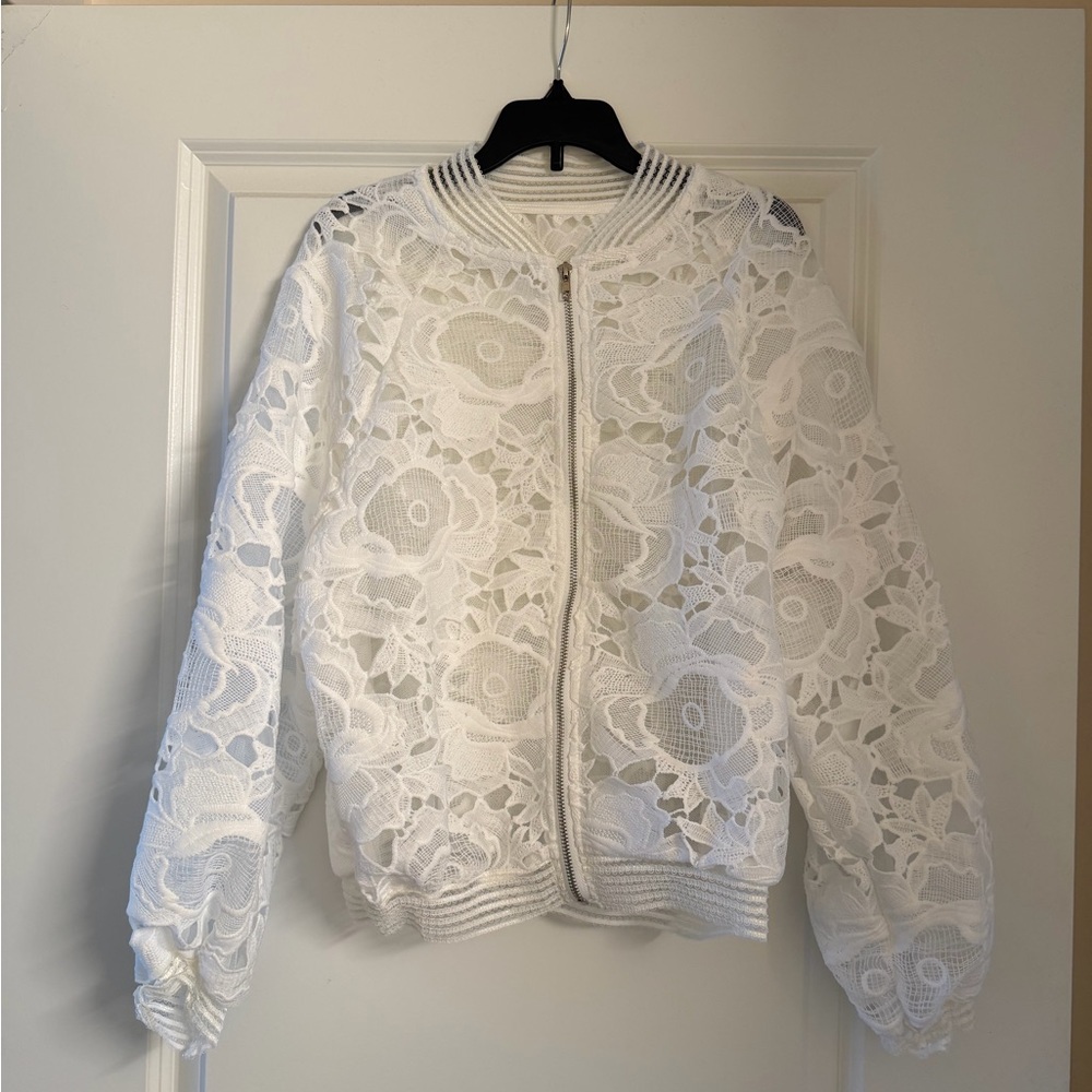 White Floral Lace Bomber Jacket